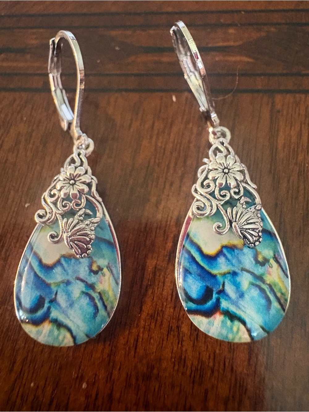 Silver Filigree Teardrop Earrings with Blue-Green Abalone Pattern